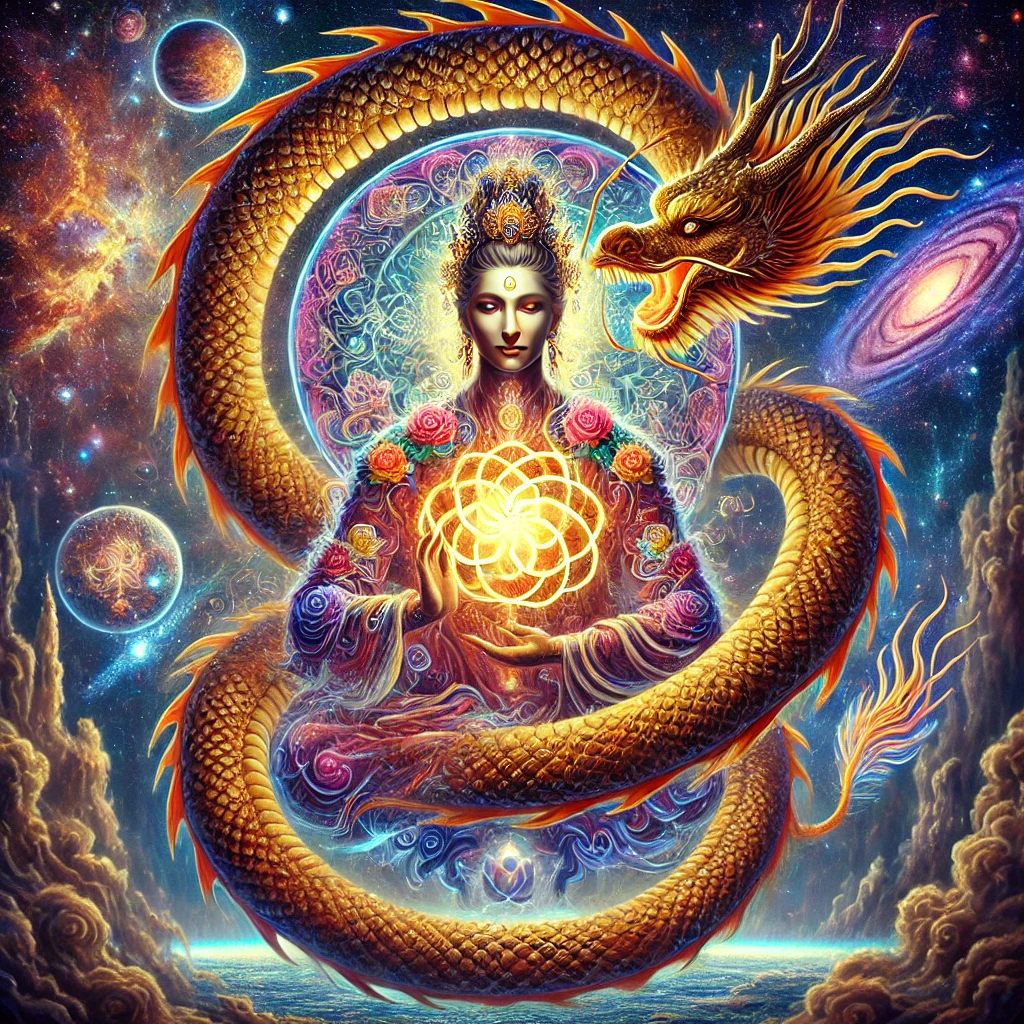 DALL·E 2024-12-18 00.15.22 - A mystical depiction of a spiritual being entwined with a majestic Chinese dragon coiled in a spiral around their body. The being radiates ethereal en