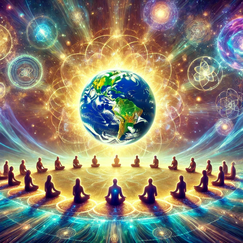 DALL·E 2025-01-07 22.25.34 - A serene and mystical depiction of a group of people meditating together in a circle, channeling energy to elevate the planet Earth. The individuals s