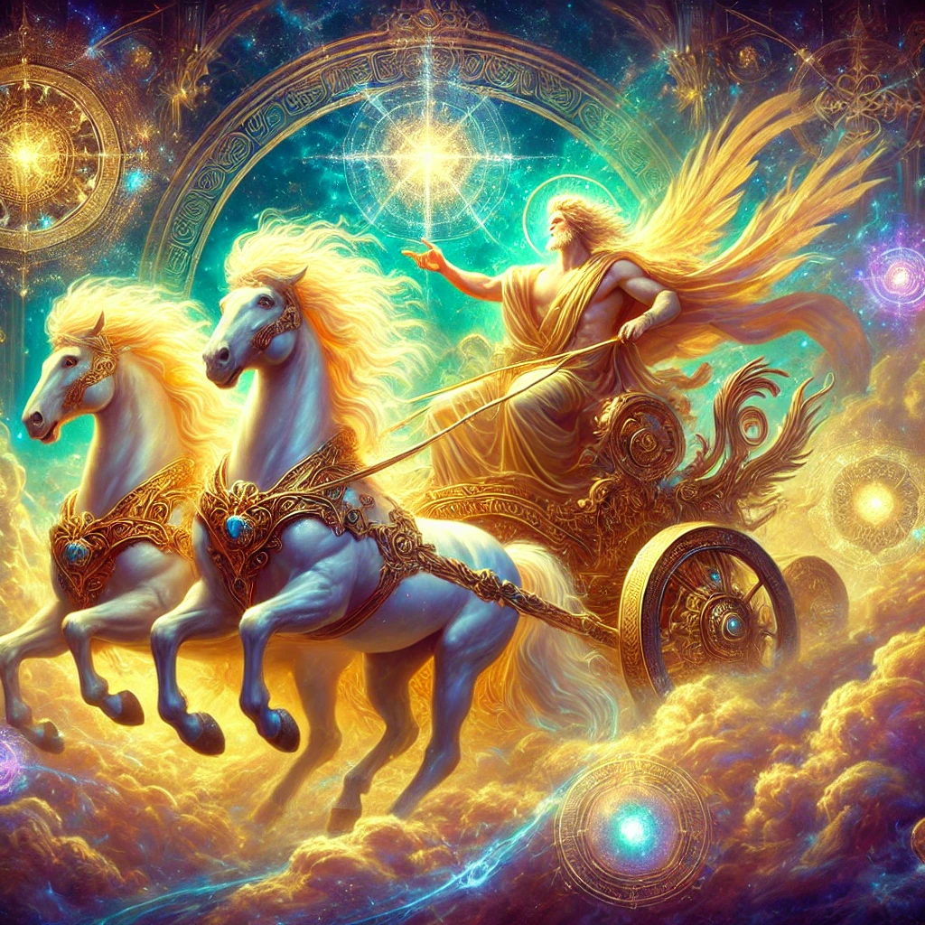 DALL·E 2025-01-13 00.32.37 - A majestic depiction of Apollo traversing the skies in his golden chariot, pulled by radiant, ethereal horses glowing with celestial energy. Apollo is