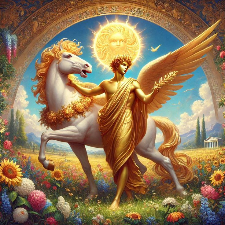 Ser angelical de ouro com asas, ao lado de cavalo branco, sob o sol divino — representação da conexão espiritual.