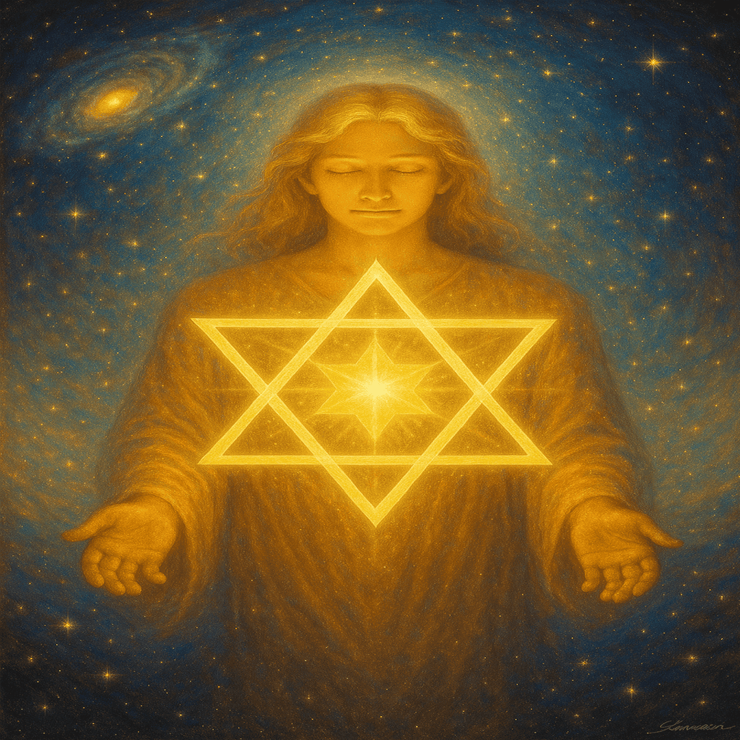 Ilustração mística de uma estrela de seis pontas brilhando no centro do peito de uma figura meditativa. Símbolos de união, equilíbrio e transcendência cercam a cena, representando a integração dos opostos e a sabedoria do coração em sintonia com o universo.