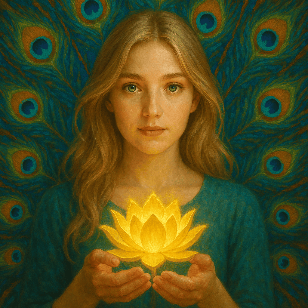 Mulher com olhar sereno segura uma flor de lótus dourada brilhante diante do peito, com penas de pavão ao fundo representando sabedoria, luz interior e despertar espiritual.