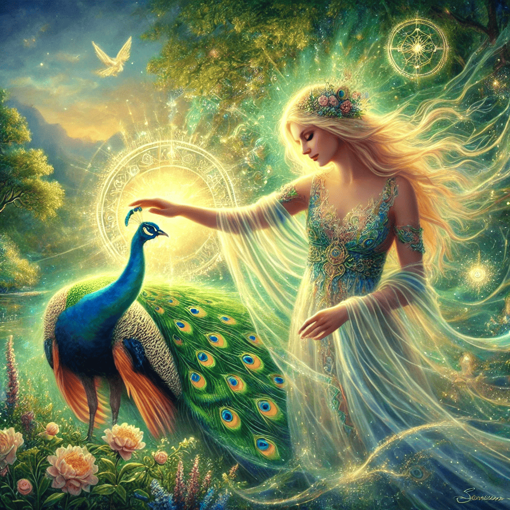 Ilustração etérea de uma mulher divina tocando um pavão, representando o renascimento espiritual, a transformação da alma e a conexão com planos superiores de luz.