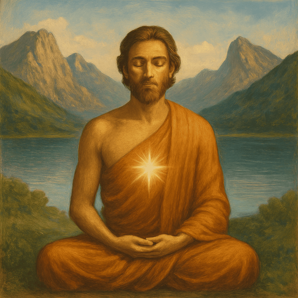 Pintura digital de um sábio em meditação, envolto por uma paisagem serena com montanhas ao fundo e um lago calmo refletindo a luz. A imagem transmite equilíbrio, sabedoria e amor silencioso nas profundezas da consciência.